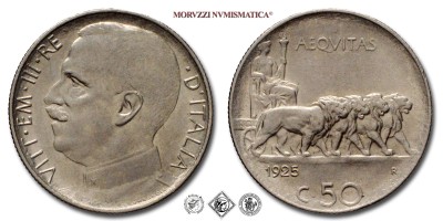 Regno d'Italia, VITTORIO EMANUELE III, CENTESIMI 50, Leoni - bordo rigato, 1925, Zecca di Roma, NICHEL, m​​​​​​​SPL, (Pagani 807) / monete italiane moderne (moneta italiana moderna da collezione - Casa Savoia) | Moruzzi Numismatica