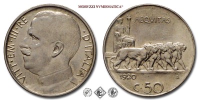 Regno d'Italia, VITTORIO EMANUELE III, CENTESIMI 50, Leoni - contorno liscio, 1920, Zecca di Roma, NICHEL, SPL, (Pagani 800) / monete italiane moderne (moneta italiana moderna da collezione - Casa Savoia) | Moruzzi Numismatica