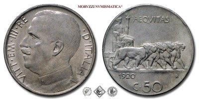 Regno d'Italia, VITTORIO EMANUELE III, CENTESIMI 50, Leoni - contorno liscio, 1920, Zecca di Roma, NICHEL, m​​​​​​​SPL, (Pagani 800) / monete italiane moderne (moneta italiana moderna da collezione - Casa Savoia) | Moruzzi Numismatica