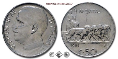 Regno d'Italia, VITTORIO EMANUELE III, CENTESIMI 50, Leoni - contorno liscio, 1921, Zecca di Roma, NICHEL, ​​​​​​​SPL, (Pagani 802) / monete italiane moderne (moneta italiana moderna da collezione - Casa Savoia) | Moruzzi Numismatica