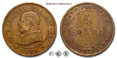 Stato Pontificio, PIO IX, Mastai Ferretti, SOLDI 4, 1866 ANN XXI, Zecca di Roma, RAME, BB, (Pagani 590) / monete papali da collezione (monete pontificie - moneta papale da 20 CENTESIMI) | Moruzzi Numismatica