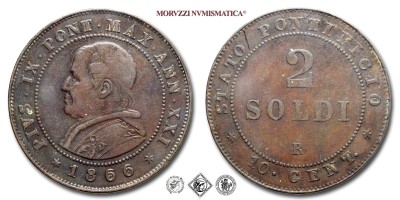 Stato Pontificio, PIO IX, Mastai Ferretti, SOLDI 2, 1866 ANN XXI, Zecca di Roma, RAME, mBB, (Pagani 598) / monete papali pontificie (moneta papale pontificia da collezione - 10 CENTESIMI) | Moruzzi Numismatica