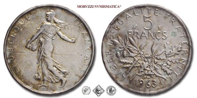 Francia, QUINTA REPUBBLICA, FRANCHI 5, Semeuse, 1963, Zecca di Parigi, ARGENTO, BB, (Gadoury 770) / France Cinquième République 5 Francs Paris pièces de monnaies françaises (World SILVER coins - monete mondiali europee francesi d'argento - moneta mondiale europea francese da collezione) | Moruzzi Numismatica