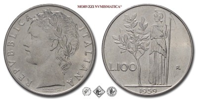 Repubblica Italiana, LIRE 100, Minerva, I tipo, 1959, Zecca di Roma, ACMONITAL, q​​​​​​​FDC, (Pagani 2155) / monete italiane moderne (moneta italiana moderna da collezione) | Moruzzi Numismatica